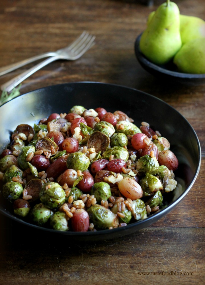 Pomegranate Roasted Brussels Sprouts with Red Grapes & Farro, see more at http://homemaderecipes.com/healthy/18-brussel-sprout-recipes/